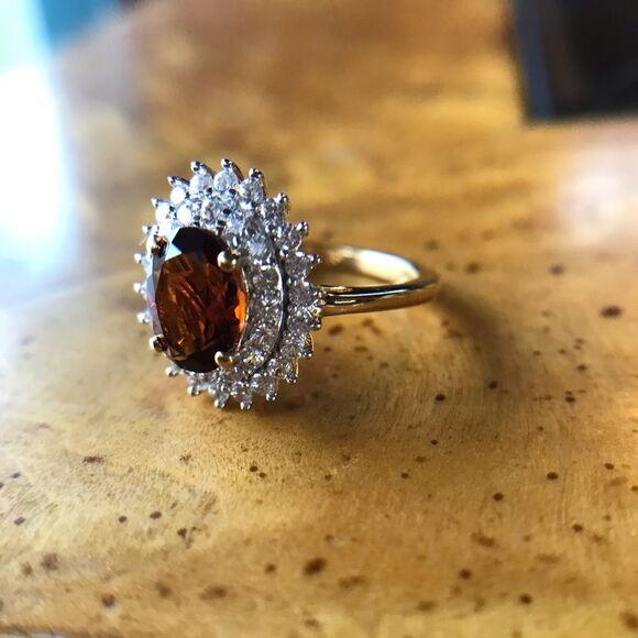 Natural Citrine Sterling Silver Yellow Gold Vermeil Double Halo Ring Size 6 - Picture 4 of 9